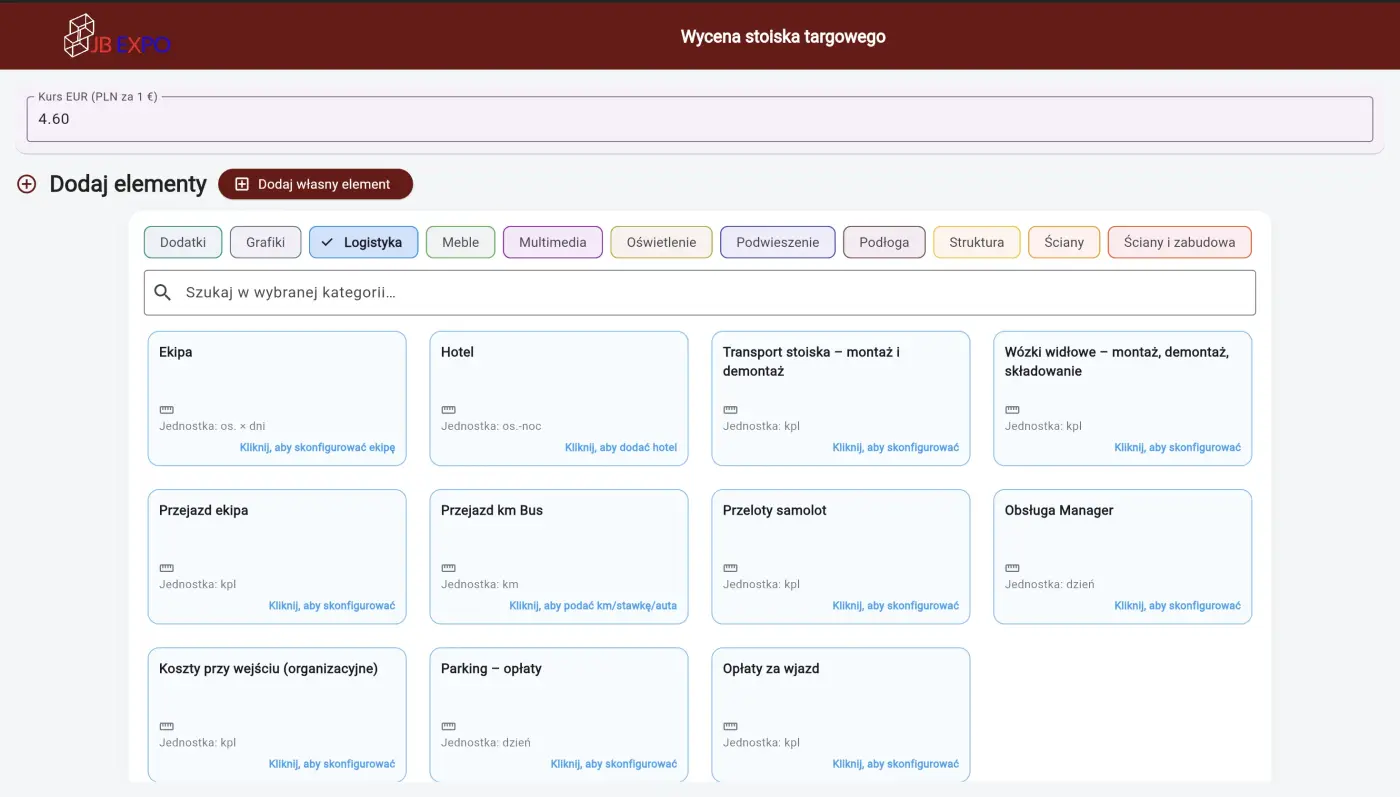 Zrzut aplikacji JB Expo do wyceny stoiska targowego