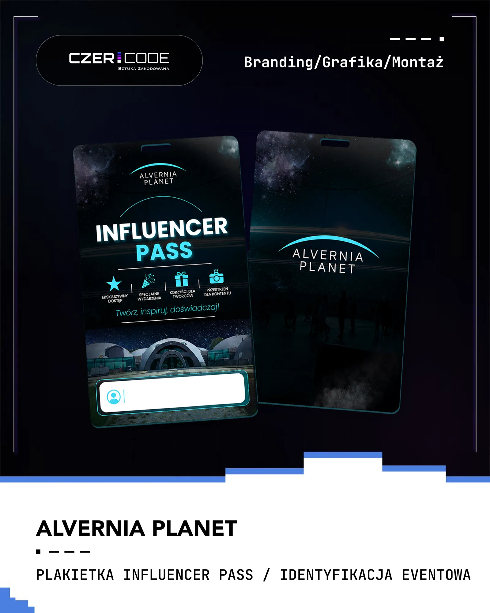 Plansza portfolio — plakietka Influencer Pass Alvernia Planet