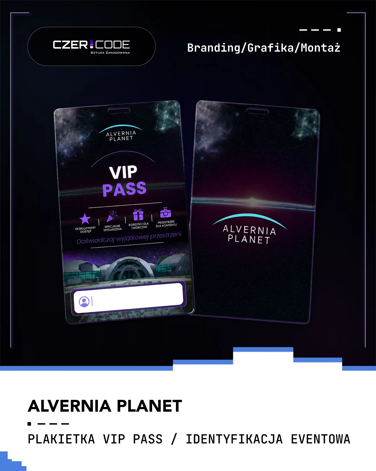 Plansza portfolio — plakietka VIP Pass Alvernia Planet