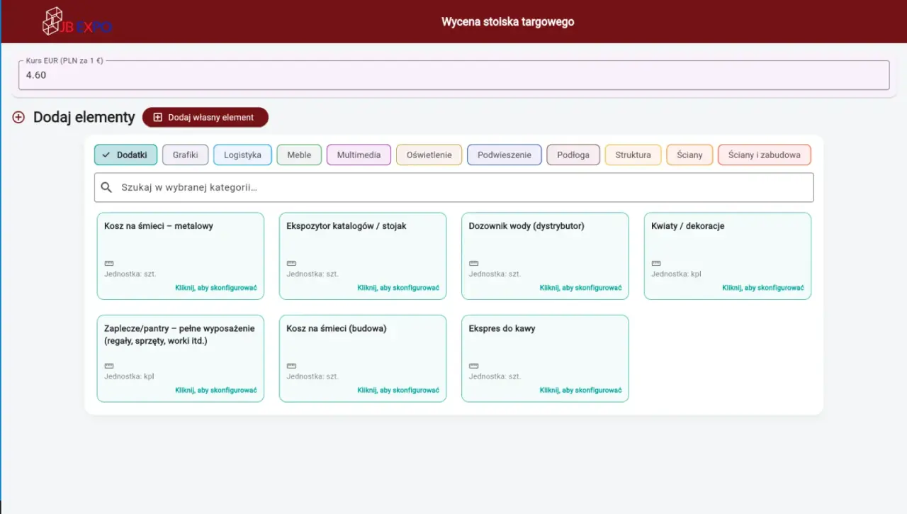 Screenshot of the JB Expo booth quotation application