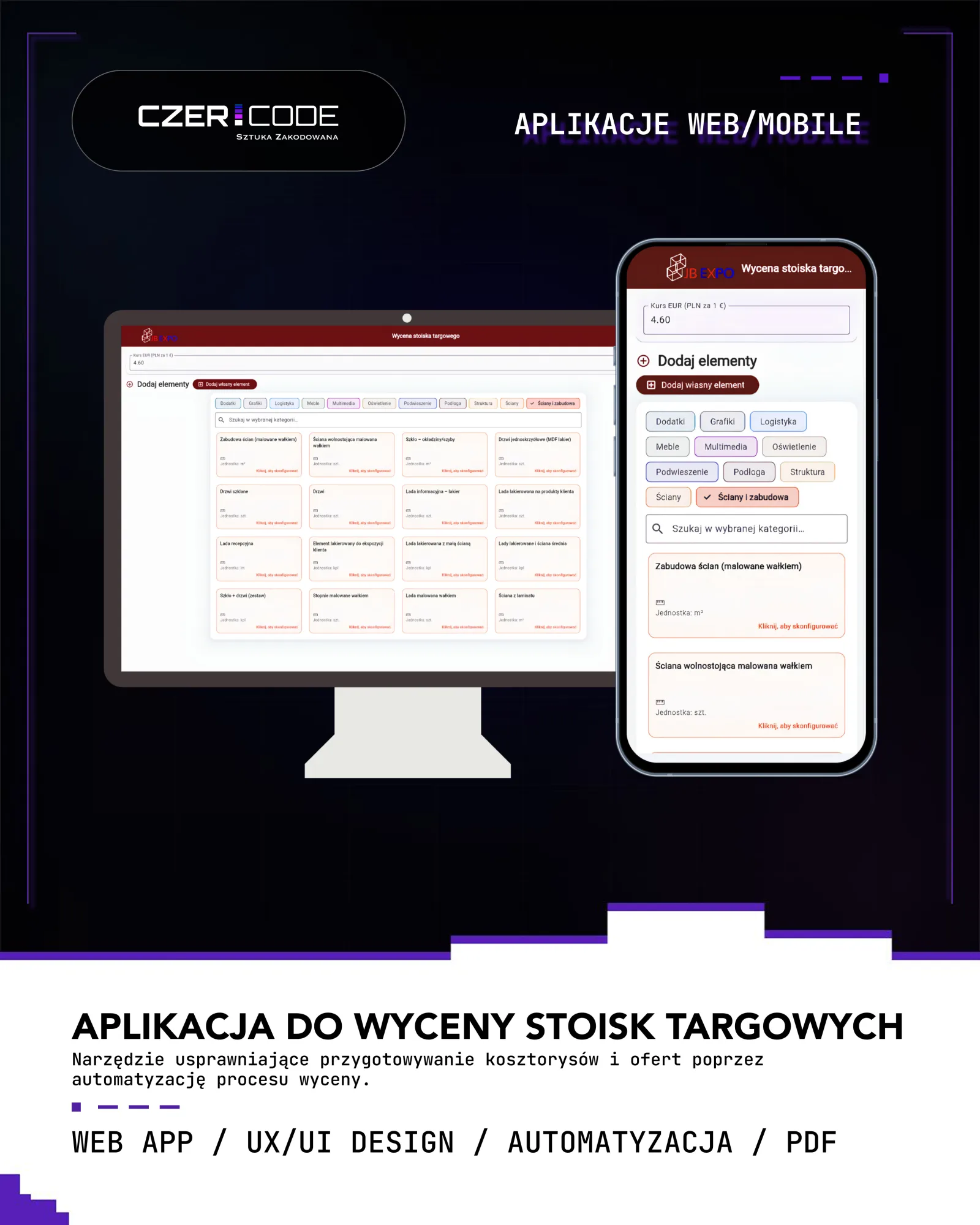 Plansza portfolio — aplikacja JB Expo do wyceny stoisk